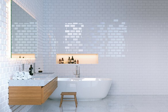 Luxury minimalist bathroom interior with brick walls. 3d render.